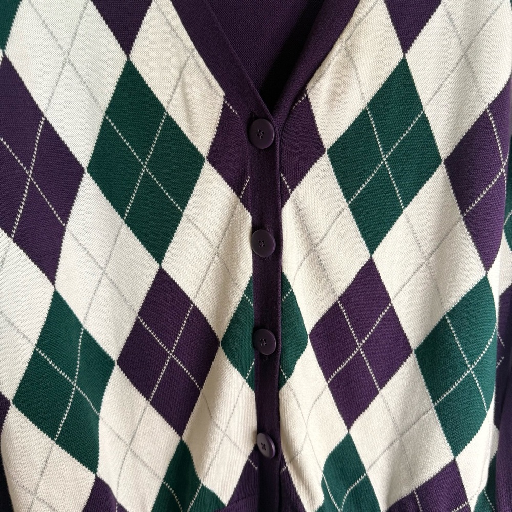 Purple Argyle Cardigan Sweater - Preppy, tennis, golf, country club, academia - Picture 3 of 6
